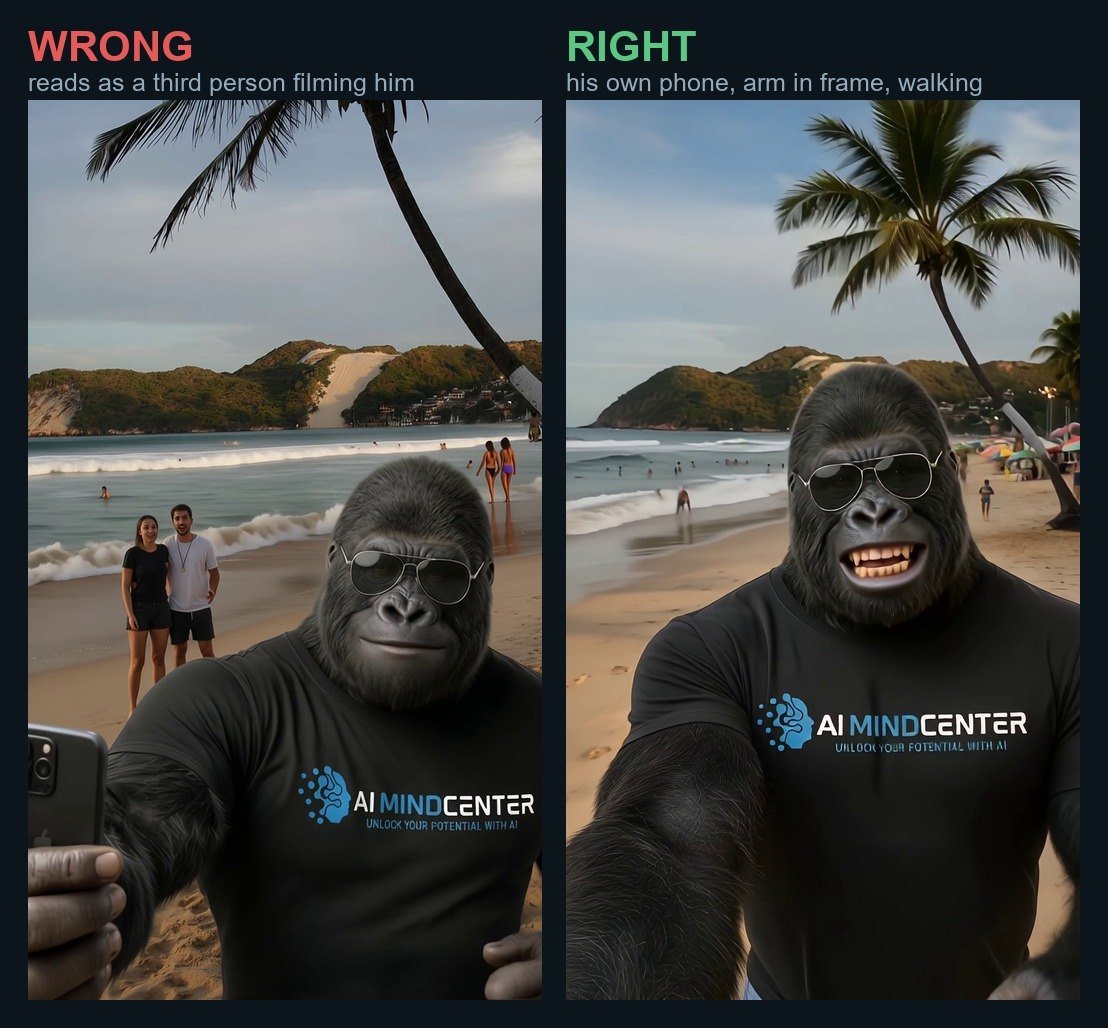 Wrong versus right selfie start frame for an AI influencer video