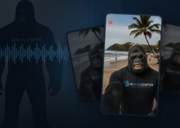 AI influencer character reference and cloned voice waveform on the left, three phone videos of the character on the right