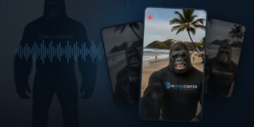 AI influencer character reference and cloned voice waveform on the left, three phone videos of the character on the right