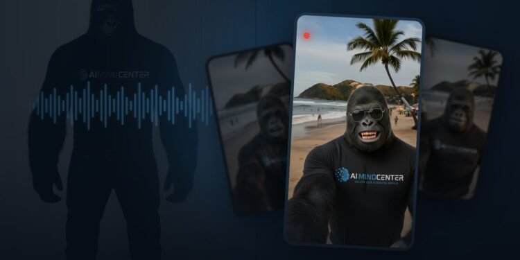 AI influencer character reference and cloned voice waveform on the left, three phone videos of the character on the right